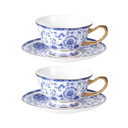 KAMMAK Tea Cups and Saucers Set of 2, Porcelain Coffee Cups, JBE023 | Stackable Espresso Mugs, Ceramic Demitasse for Coffee, Cappuccino, Latte, Americano, Tea - size: 8CZJBE023