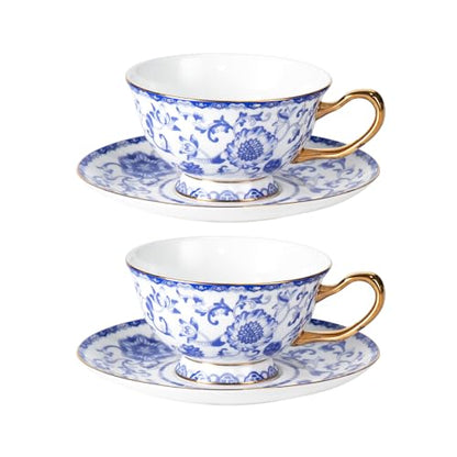 KAMMAK Tea Cups and Saucers Set of 2, Porcelain Coffee Cups, JBE023 | Stackable Espresso Mugs, Ceramic Demitasse for Coffee, Cappuccino, Latte, Americano, Tea - size: 8CZJBE023