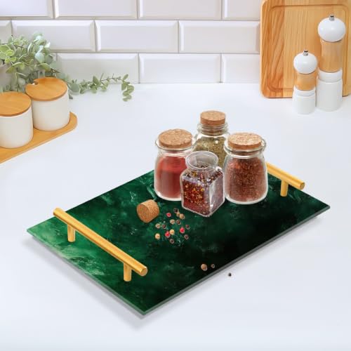 Dark Green Marble Acrylic Vanity Tray with Handles Non-Slip Decorative Bathroom Tray Jewelry Perfume Makeup Organizer for Dresser Kitchen Counter, 7.87 x 11.81 in
