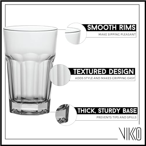 Vikko Drinking Glasses, 9 Ounce Glass Cups, Durable Glasses Drinking Set of 6, Stackable Water Glasses, Highball Glasses, Heavy Base Tumblers & Water Glasses, Dishwasher Safe Cups for Kitchen - style: 9 Ounce- Set of 6
