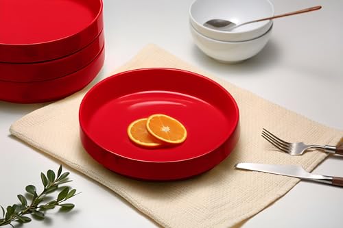 KooK Ceramic Large Pasta Bowls, Microwave and Dishwasher Safe, Great for Soups and Salads, Shallow Serving Bowls, Glossy Porcelain, 47 oz, Set of 4, Cherry Red - color: Cherry Red