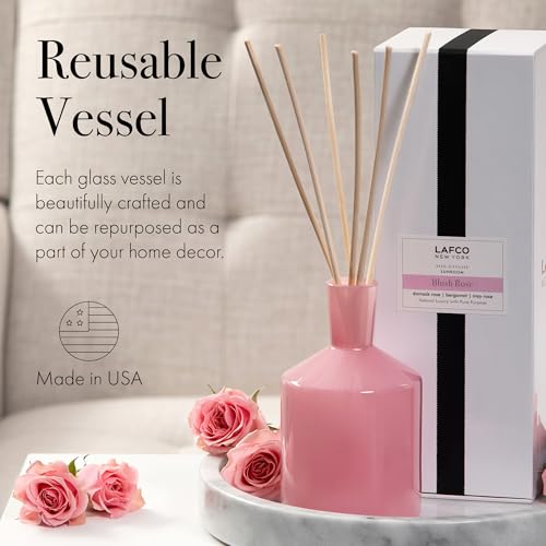 LAFCO New York Classic Reed Diffuser, Blush Rose - 6 oz - Up to 3 Months Fragrance Life - Reusable Glass Vessel - Natural Wood Reeds - Made in the USA