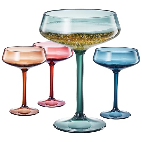 Khen 10.15 Ounce Plastic Acrylic Multicolor Coupe Glasses (Set of 4), Martini Glasses, Champagne Saucers, Reusable, BPA-Free, Shatter-Proof, Dishwasher-Safe, Perfect for Poolside, Outdoors, and More