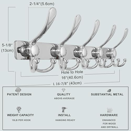 Coat Rack Wall Mount, Heavy Duty 12-Gauge Base vs Flimsy 1mm, Double-Thick Solid Anti-Snap Hooks, 16” Stud-Mount, Stainless Steel Hanger for Clothes Hat Entryway Closet Mudroom, Chromed - color: Chromed, size: L=17" (1pcs)