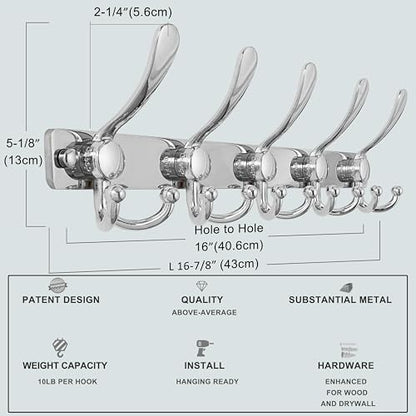 Coat Rack Wall Mount, Heavy Duty 12-Gauge Base vs Flimsy 1mm, Double-Thick Solid Anti-Snap Hooks, 16” Stud-Mount, Stainless Steel Hanger for Clothes Hat Entryway Closet Mudroom, Chromed - color: Chromed, size: L=17" (1pcs)