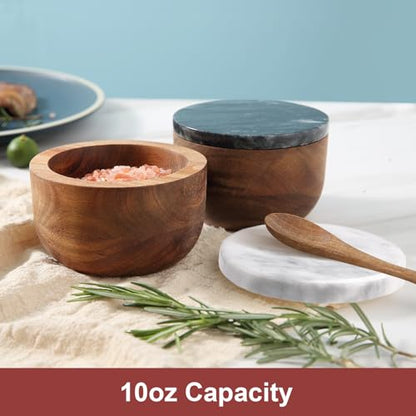 jalz jalz Acacia Wood Salt Cellar with black Marble Lid, 10oz Pinch Pot & Spoon - color: Black Cover Natural Base