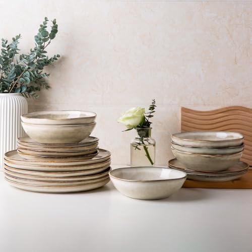 AmorArc Ceramic Dinnerware Sets for 8, 24Pcs Plates and Bowls Sets Dishes | Stoneware Handmade Reactive Glaze Dinner Set, Highly Scratch Resistant | Dishwasher & Microwave Safe Dishware-Cappuccino - color: Cappuccino, size: Service for 8(24Pcs)