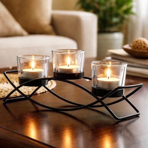 Iron Arch Table Centerpiece Decorations Long Candle Holder for Weddings, Patio, Kitchen, Dining Room, and Coffee Tables, Black, Clear Chunky 3 Cups | Votive Candle Holders, Wrought Iron 3 Cup Candelabra, Long Modern Coffee Console Decor, Black Finish, Cle