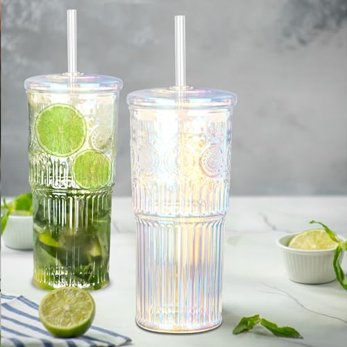 Bandesun All Glass Iced Coffee Cup With Lids and Straws，24 OZ Rainbow High Borosilicate Glass Tumbler for Water Smoothie Juice Drinks - color: Rainbow