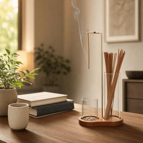 Incense Holder for Sticks with Glass Ash Catcher, 2 in 1 Upside Down Incense Burner with Wooden Base, Minimalist Zen Home Decor