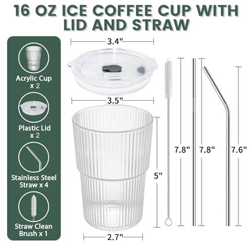 HIGIINC Iced Coffee Cups With Lids and Straws 2 Pcs, 16 OZ Unbreakable Cup Drinking Set,Clear Plastic Cups Reusable Iced Coffee Tumbler with Lid and Straw, To Go Coffee Cups Dishwasher Safe - style: 2pack