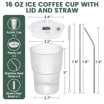 HIGIINC Iced Coffee Cups With Lids and Straws 2 Pcs, 16 OZ Unbreakable Cup Drinking Set,Clear Plastic Cups Reusable Iced Coffee Tumbler with Lid and Straw, To Go Coffee Cups Dishwasher Safe - style: 2pack