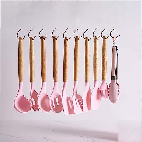 19 Pieces Kitchen Utensils and Knife Set with Block, Inldued 9 Pieces Silicone Cooking Utensils Set 5 Pieces Sharp Stainless Steel Chef Knives Scissors Whisk Tongs and Cutting Board (PINK) - color: Pink