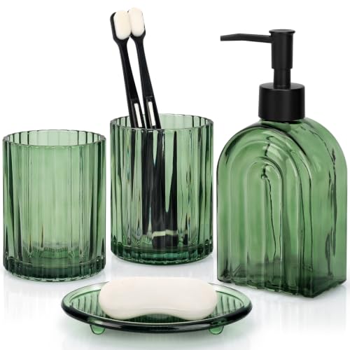 Bathroom Accessories Set, 4Pcs Glass Bathroom Accessories Sets Complete 13.5oz Lotion Soap Dispenser, Toothbrush Holder, Mouthwash Cup, Soap Dish for Bathroom Decor, Countertop Organizer (Sage Green) - color: Green Thick Rainbow