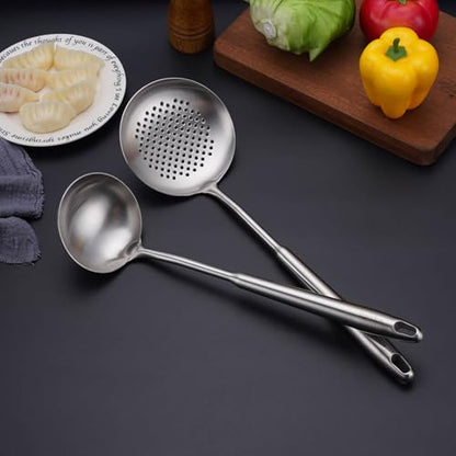6 PCS All Metal Cooking Utensils Set - 18/10 Stainless Steel Kitchen Tools | Professional Cooking Spoons Set, 15" Spatula, Ladle, Skimmer Spoon, Pasta Serve, Large Spoon, Slotted Spatula Turner - color: 6-Pieces