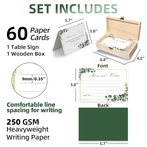 Eucalyptus Wedding Advice and Wishes Cards with Gift Box - 60 Greenery Marriage Advice Cards for Bride and Groom - Bridal Shower Games and Wedding Guest Book Alternative for Reception - color: EUCALYPTUS