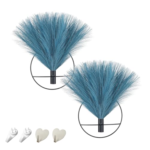 Pretty Jolly Boho Wall Decor, Wall-Mounted Metal Wall Decor, Hanging Artificial Pampas Display, Wall Art Living Room, Bedroom, Bathroom, Dining room,Plant Wall Decor 2 Pack,Black Ring - color: 19-pampas-BrightBlue - Black Ring, size: S 7.8inch (Black Ring