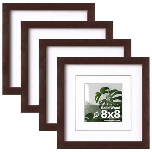 Egofine 8x8 Picture Frames Made of Solid Wood with Plexiglass, Display Pictures 4x4/6x6 with Mat or 8x8 Without Mat Set of 4 for Tabletop and Wall Mounting, Walnut Color - color: Walnut Brown, size: 8x8