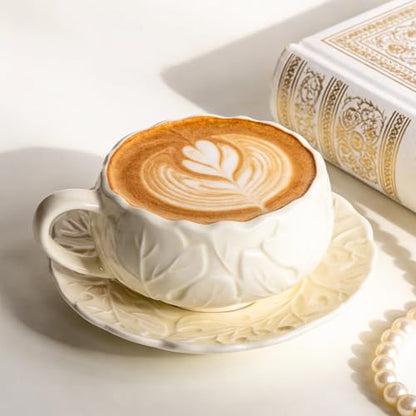 KAMMAK Tea Cups and Saucers Set of 2, 10 oz Porcelain Coffee Cups, SY005 | Stackable Espresso Mugs, Ceramic Demitasse for Coffee, Cappuccino, Latte, Americano, Tea - size: 8CZSY005