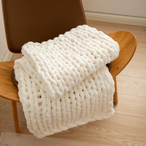 Chunky Knit Blanket Throw for Couch 40"×40" Cream | 100% Handmade Knitted Throw Blanket Fluffy Soft Blanket with Jumbo Chenille Yarn Thick - color: Cream, size: 40"*40"