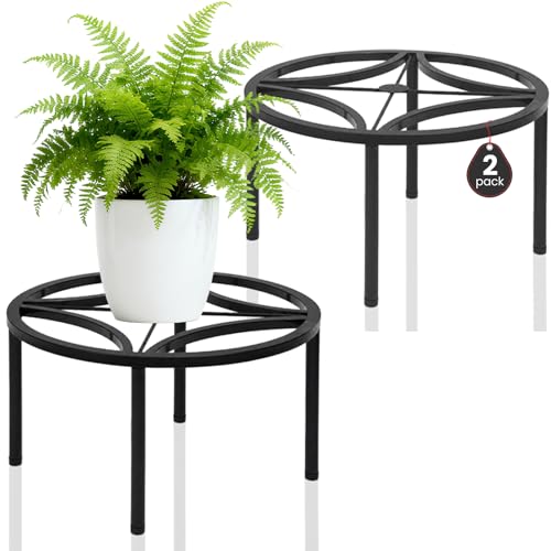 TOSKING 2-Pack Fully Assembled Heavy Duty Metal Plant Stand, Geometric Flower Pot Holder for Heavy Potted Plant, Rustproof Iron Plant Riser with Adjustable Feet, 220 LBS Capacity, No Installation Required, Black (13.4"Dia x 6.5"H) - color: geometric (blac