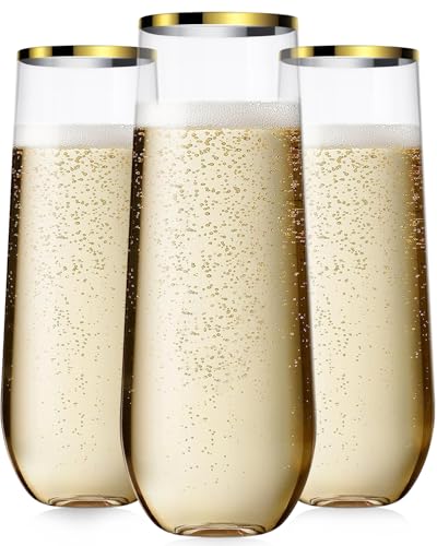 Maaacute 24 Pack Plastic Champagne Flutes, 9 Oz Disposable Mimosa Glasses | Stemless Champagne Glasses, Clear Plastic Cocktail Cups, Gold Rimmed Cups for Party Bridal Shower Mimosa Bar - color: Gold-24 Pack