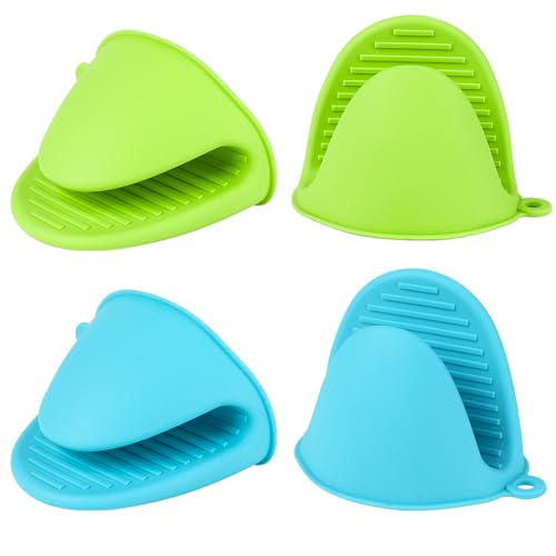 4 PCS Silicone Oven Mitts Heat Resistant Mini Oven Gloves for Kitchen Rubber Air Fryer Mitts Oven Accessories Finger Cooking Pinch Mitts Pot Holders for Kitchen Cooking Baking Dishwasher, Blue & Green - color: Blue+green