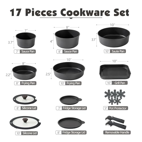 SENSARTE 17 Piece Nonstick Detachable Handle Pots and Pans Set Black | Removable Handle Cookware Set, Induction Cookware Set with Removable Handle, Healthy Non Stick for RV, Dishwasher ＆ Oven Safe - color: Black, size: 17 Piece