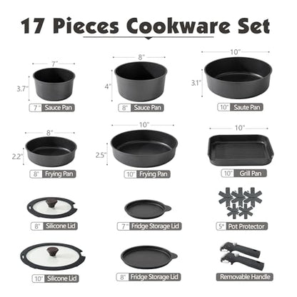 SENSARTE 17 Piece Nonstick Detachable Handle Pots and Pans Set Black | Removable Handle Cookware Set, Induction Cookware Set with Removable Handle, Healthy Non Stick for RV, Dishwasher ＆ Oven Safe - color: Black, size: 17 Piece