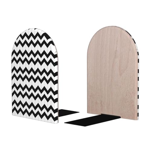 Geometric Black & White Patterns 2 Print Book Ends, 1 Pair Sturdy Wooden Bookends for Shelves Heavy Duty Non-Slip Wood Bookend for Home Office Library School Study Decoration