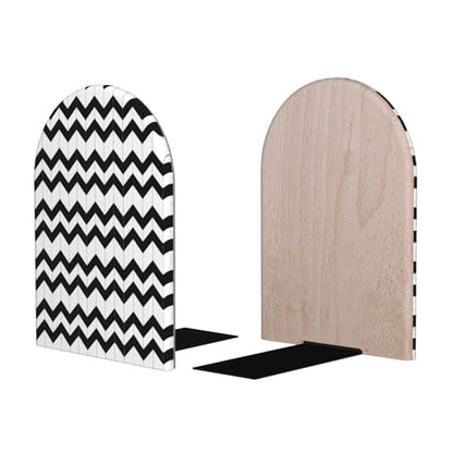 Geometric Black & White Patterns 2 Print Book Ends, 1 Pair Sturdy Wooden Bookends for Shelves Heavy Duty Non-Slip Wood Bookend for Home Office Library School Study Decoration