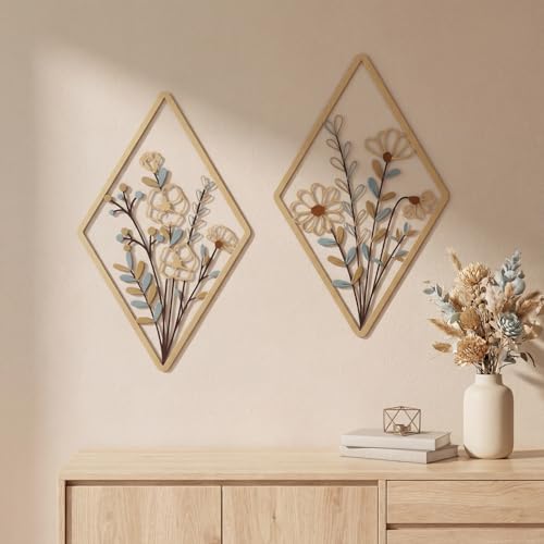 PullCrease 2 Pcs Metal Wall Art, Metal Flower Wall Decor, Modern Floral Art for Living Room, Bedroom, Bathroom, Rustic Farmhouse Decor, Sculpture Kitchen Decoration (Boho) - color: Boho