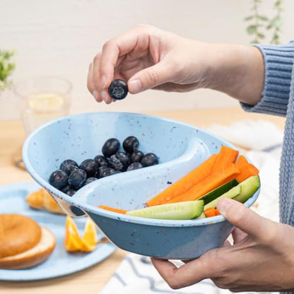 Confetti Divided Bowl Set of 2, 100% Melamine BPA-Free Stackable Unbreakable Bowls with Two Compartments, Ideal for Snacks, Chips & Dips, Cereal, Dishwasher-Safe Color: Blue - color: Confetti Blue