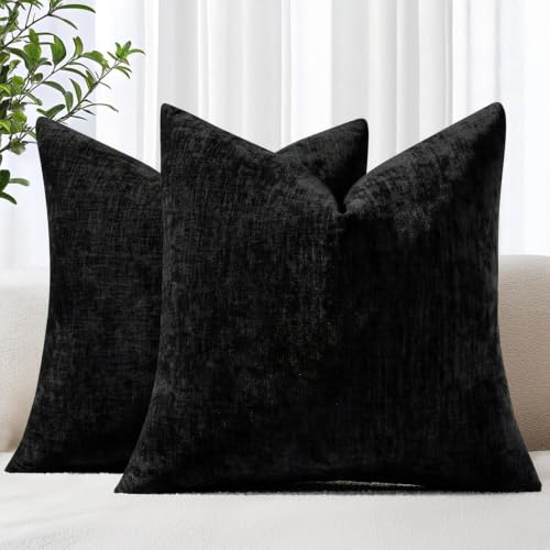 decorUhome Soft Chenille Black Throw Pillow Covers 18X18 Set of 2 | Decorative Fall Couch Pillow Covers Solid Dyed Accent Modern Farmhouse Neutral Square Pillow Cases for Sofa - color: Black, size: 18" x 18" (Pack of 2)