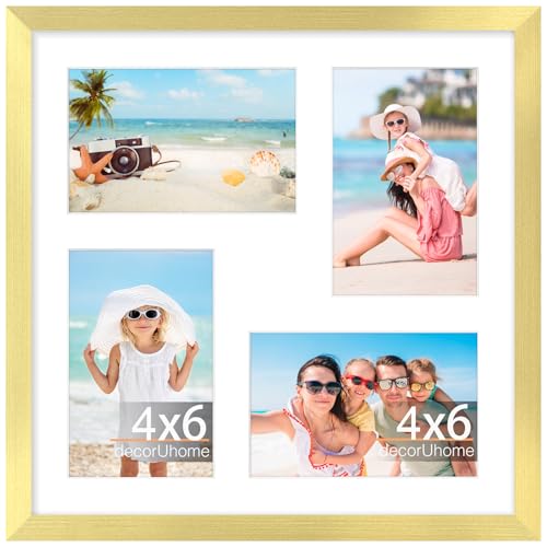 decorUhome 4 4x6 Picture frames Collage Wall Decor with Mat, P061212GD | Gold 12x12 Collage Picture Frame, Fits Four 4x6 Photos with Mat for Wall Mounting, 1 Pack - color: Gold, size: 12x12 (4-4x6)