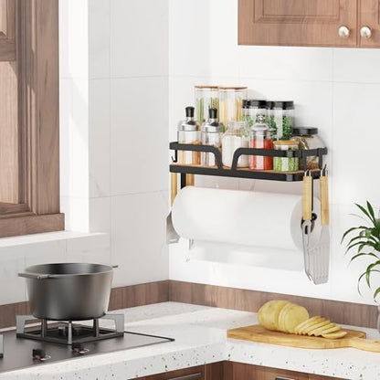 Taozun Paper Towel Holder Wall Mount, Kitchen Paper Holder Spice Rack Black Paper Towel Roll Holder RV Paper Towel Rack with 4 Hooks(2 Installation Methods - Self-Adhesive and Drilling) - style: SP010