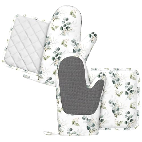 Sage Green Eucalyptus Oven Mitts and Pot Holders Sets Silicone Watercolor Plant Leaves Floral Kitchen Oven Mitts Hot Pads Heat Resistant Potholders Kitchen Mitts Set for Baking BBQ Cooking - color: Green