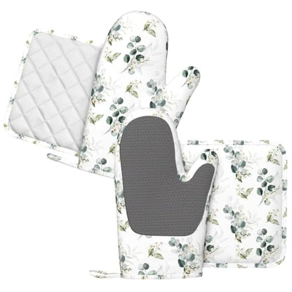 Sage Green Eucalyptus Oven Mitts and Pot Holders Sets Silicone Watercolor Plant Leaves Floral Kitchen Oven Mitts Hot Pads Heat Resistant Potholders Kitchen Mitts Set for Baking BBQ Cooking - color: Green