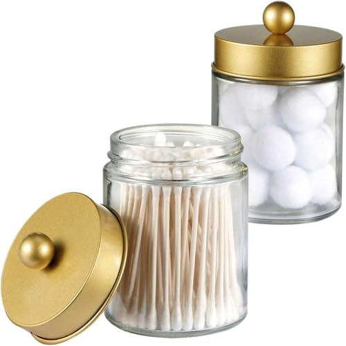 Amolliar Apothecary Jar Bathroom Storage Qtip Holder Glass, Gold 2Pack | for Bathroom Vanity Storage, Countertop, Farmhouse Style, Holds Cotton Swabs, Dental Floss, Makeup Sponges - color: Gold