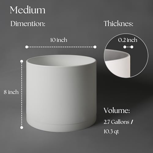 Giraffe Creation 10 Inch Cylinder Plant Pot, Modern Round Planter with Drainage Holes and Saucer, Lightweight Plastic Flower Pot for Indoor Outdoor Plants, White - color: White 10 Inch
