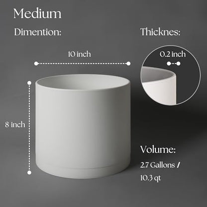 Giraffe Creation 10 Inch Cylinder Plant Pot, Modern Round Planter with Drainage Holes and Saucer, Lightweight Plastic Flower Pot for Indoor Outdoor Plants, White - color: White 10 Inch