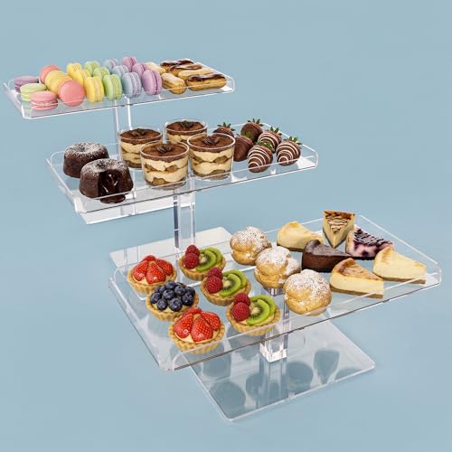 Jusalpha Set of 3 Acrylic Cupcake Stand, 3 Tiered Party Serving Tray, Clear Rectangular Dessert Display, Heavy Duty Construction (Rectangle-Bottom Disconnect)