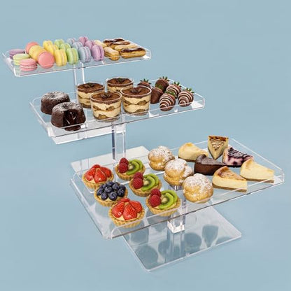 Jusalpha Set of 3 Acrylic Cupcake Stand, 3 Tiered Party Serving Tray, Clear Rectangular Dessert Display, Heavy Duty Construction (Rectangle-Bottom Disconnect)