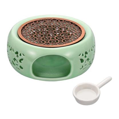 uxcell Teapot Warmer, Ceramic Tea Warmer Ceramic Teapot Heater with Alloy Pad Tealight Holder for Heating Coffee Milk Water Heatproof Dish Warming Use, Plum Green Ocean Flower Design - color: Plum Green