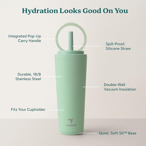 REDUCE Halo 24 oz Stainless Steel Vacuum Insulated Tumbler - Spill Proof Travel Mug with Flip Handle Lid - Keeps Drinks Cold for 32 Hrs - Dishwasher Safe - Cupholder Friendly - Matcha - color: Matcha, size: 24 Ounces