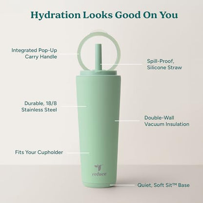 REDUCE Halo 24 oz Stainless Steel Vacuum Insulated Tumbler - Spill Proof Travel Mug with Flip Handle Lid - Keeps Drinks Cold for 32 Hrs - Dishwasher Safe - Cupholder Friendly - Matcha - color: Matcha, size: 24 Ounces