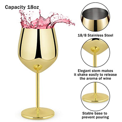 Lifecapido Stainless Steel Wine Glasses Set of 4, 18oz Stainless Steel Wine Goblets, Metal Wine Glasses with Cup Brush for Party Office Wedding Anniversary, Great for Red White Wine, Gold and Black - color: Gold and Black