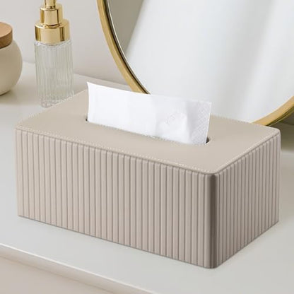 PU Leather Tissue Box Cover Rectangular Tissue Box Holder with Magnetic Bottom, Napkin & Facial Tissue Holder Dispenser for Home, Office for Standard 120-count/160-count (2-Ply) Beige Stripe - color: Beige Stripe