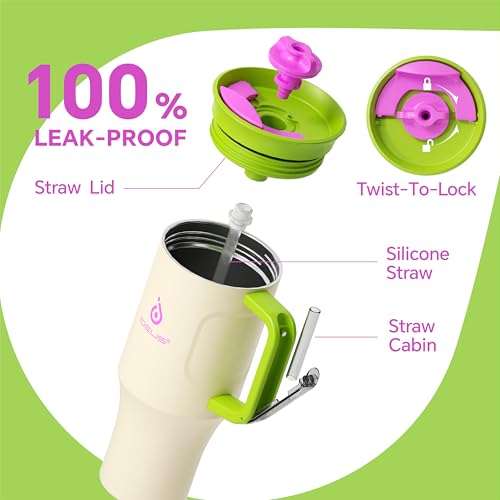 Ideus 32 oz Tumbler with Handle and Straw, 100% Leak Proof Dual Wall Vacuum Insulated Stainless Steel Travel Mug, Cup Holder Friendly, Cream White - color: Warm White