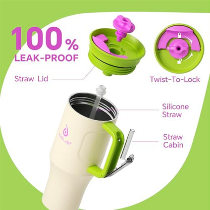 Ideus 32 oz Tumbler with Handle and Straw, 100% Leak Proof Dual Wall Vacuum Insulated Stainless Steel Travel Mug, Cup Holder Friendly, Cream White - color: Warm White